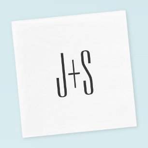 Serviette En Papier Initiales de couples modernes élégants Blanc et