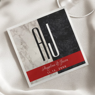 Serviette En Papier Initiales de mariage modernes en marbre noir blanc