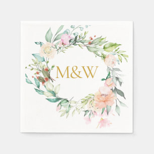 Serviette En Papier Initiales de monogramme en or Roses Guirlande Flor