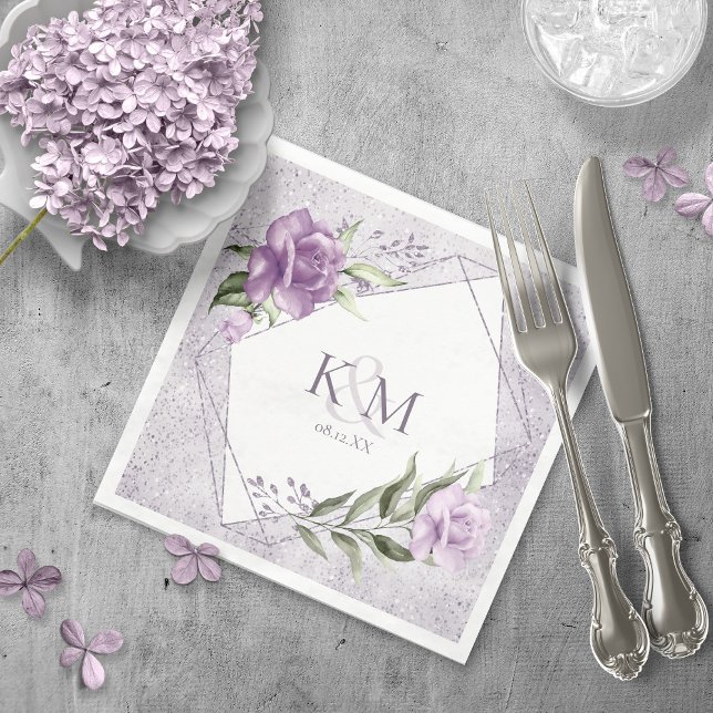Serviette En Papier Initiales du Mariage Floral Sparkles Mauve ID889 (Créateur téléchargé)