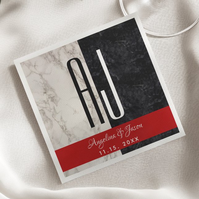 Serviette En Papier Initiales en marbre noir blanc et rouge Mariage mo (Créateur téléchargé)