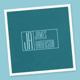 Serviette En Papier Initiales et nom modernes   Turquoise foncé et ble
