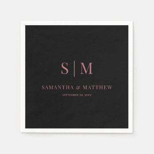 Serviette En Papier Initiales simples Couple Noir et Rose Mariage Or