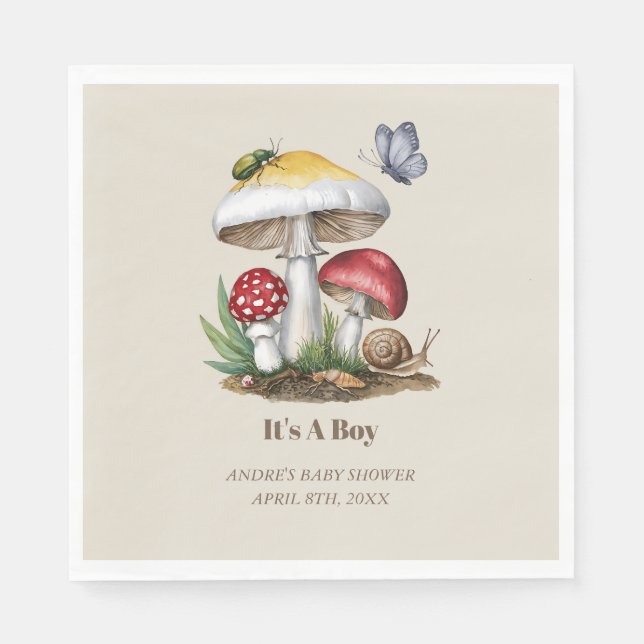 Serviette En Papier Insectes Champignons Bois Baby shower naturel (Devant)