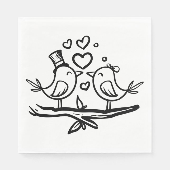 Serviette En Papier Inséparables Black Blanc Mariage Lovebirds (Devant)