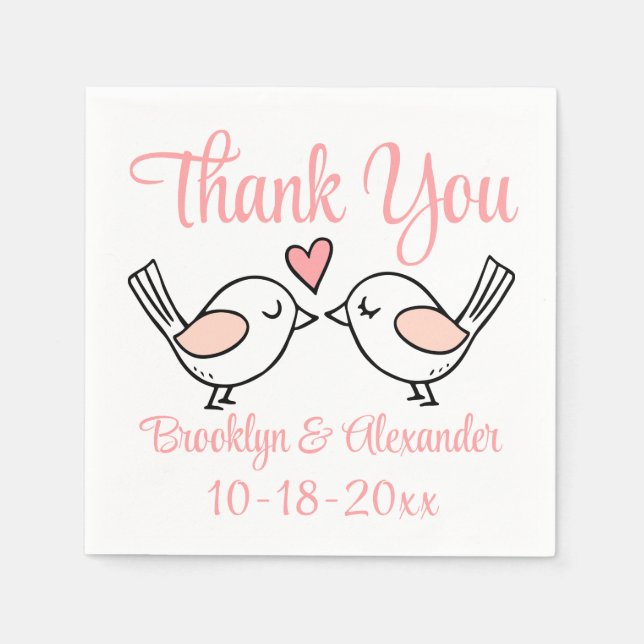 Serviette En Papier Inséparables mignons Merci rose Lovebirds Mariage (Devant)
