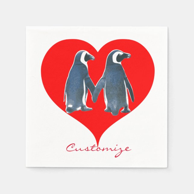 Serviette En Papier Inséparables Penguin Couple Red Heart Thunder_Cove (Devant)