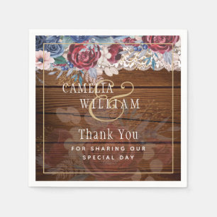 Serviette En Papier Intemporel Rustique Bleu Bourgogne Floral Mariage 