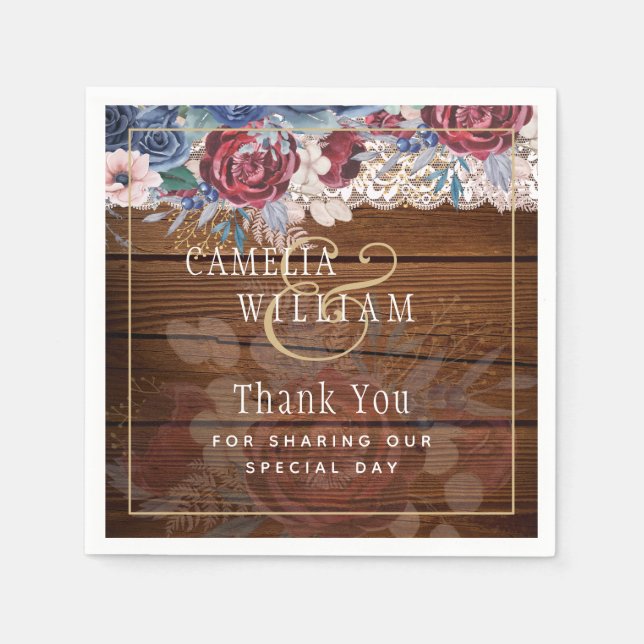 Serviette En Papier Intemporel Rustique Bleu Bourgogne Floral Mariage  (Devant)