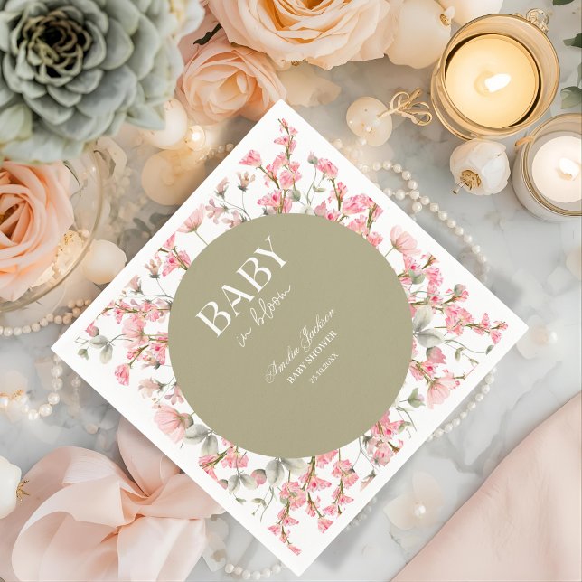 Serviette En Papier Invitation Baby shower Sage Green Baby Bloom (Créateur téléchargé)