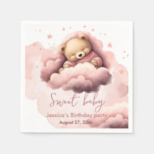 Serviette En Papier Invitation d'anniversaire bébé ours rose sur nuage