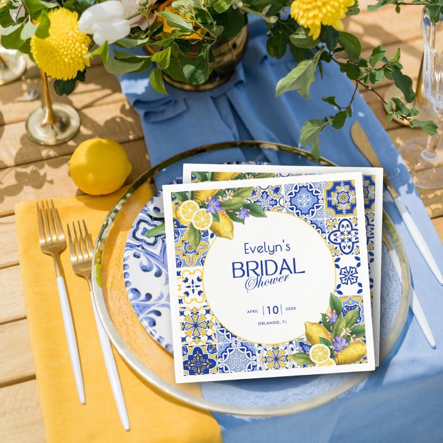 Serviette En Papier Italian Mosaic Blue Tile Lemons Bridal Shower (Créateur téléchargé)