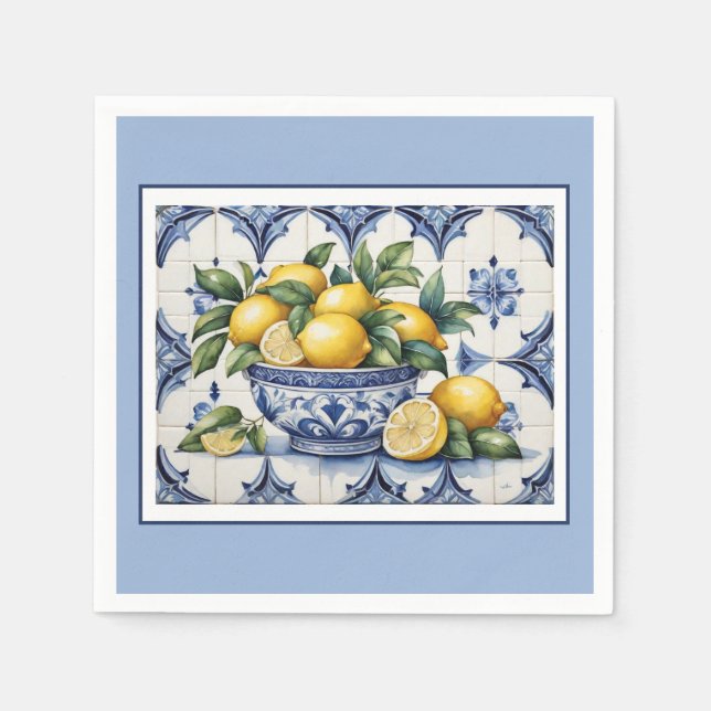 Serviette En Papier Italien Amalfi bleu carreaux blanc bol de citrons (Devant)