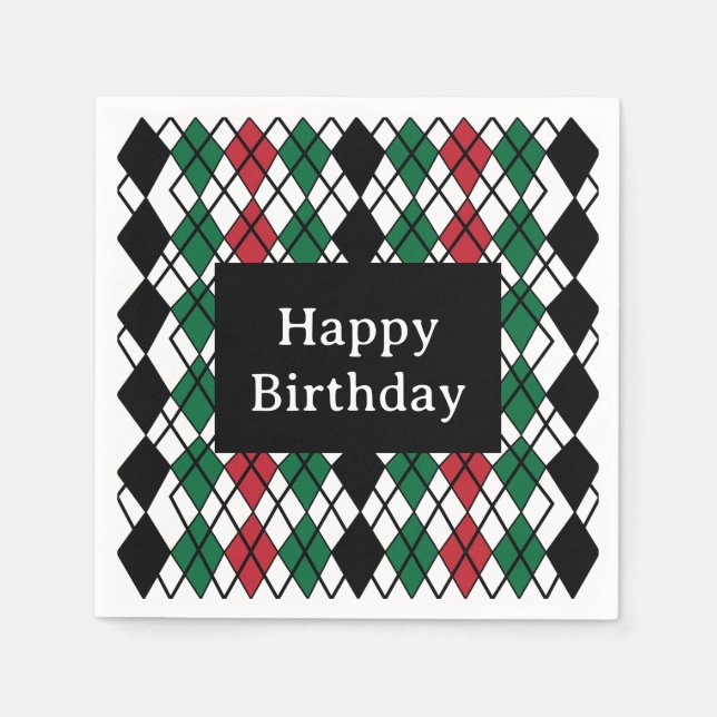 Serviette En Papier Jacquard rouge noir vert Motif Anniversaire (Devant)