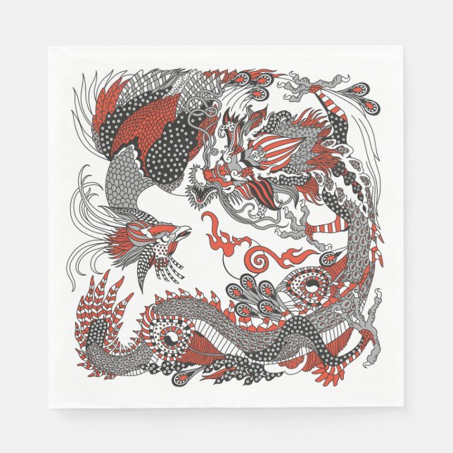 Serviette En Papier Jade Dragon and Gold Phoenix playing with a pearl  (Devant)