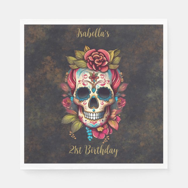 Serviette En Papier Jalon du crâne de sucre floral Anniversaire (Devant)