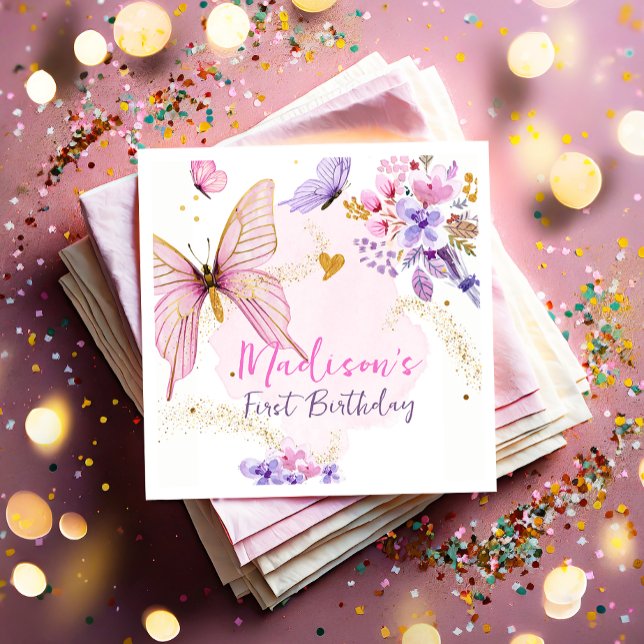 Serviette En Papier Jardin à papillon floral rose violet fille Anniver (Créateur téléchargé)