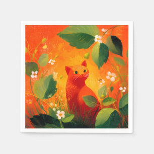 Serviette En Papier Jardin de fleurs sauvages au chat rouge fantaisist