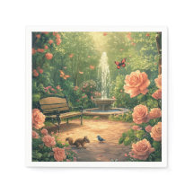 Jardin de roses avec fontaine avec papillon