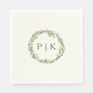 Serviette En Papier Jardin Floral Monogramme Wreath rose Mariage vert