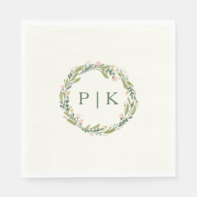 Serviette En Papier Jardin Floral Monogramme Wreath rose Mariage vert (Devant)