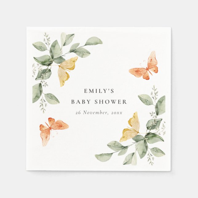 Serviette En Papier Jardin Jaune mignon Baby shower de Papillons (Devant)