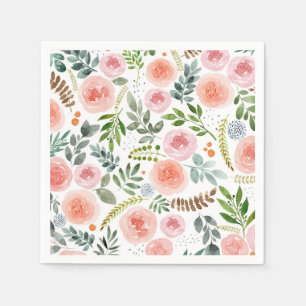 Serviette En Papier Jardin - Motif de rose et de feuille à l'aquarelle