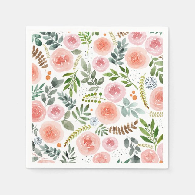 Serviette En Papier Jardin - Rose aquarelle et Motif feuille (Devant)