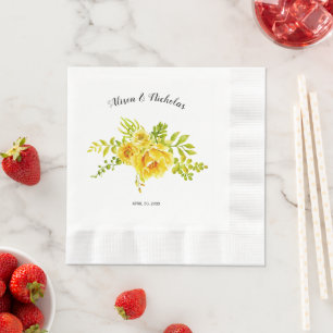 Serviette En Papier Jaune aquarelle cactus fleurs mariage floral