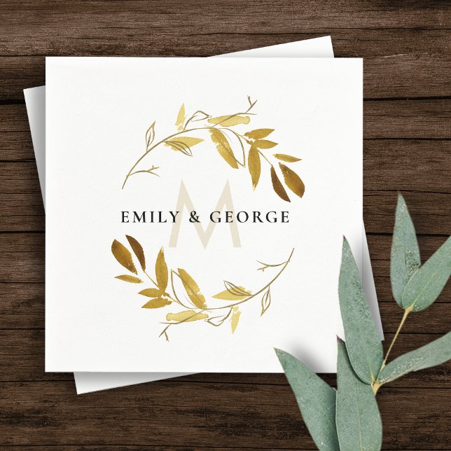 SERVIETTE EN PAPIER JAUNE AUTOMNE OR FOLIAGE WREATH MONOGRAM MARIAGE (Créateur téléchargé)