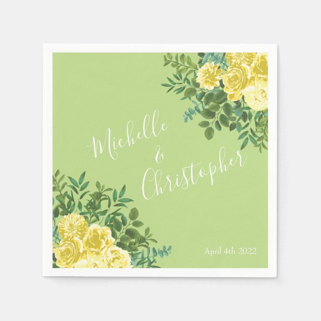 Serviette En Papier Jaune clair et vert pâle Rose Mariage floral (Devant)