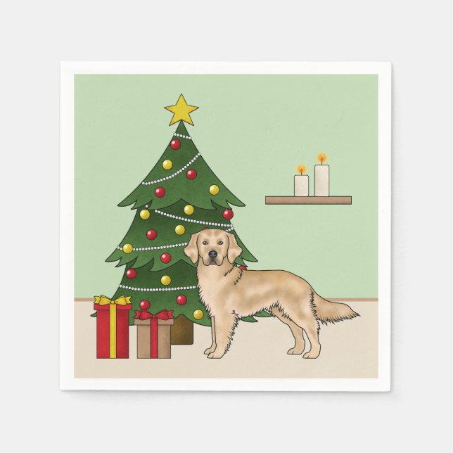 Serviette En Papier Jaune Golden Retriever Et Festif Arbre De Noël (Devant)