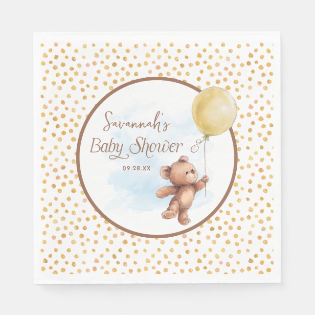Serviette En Papier Jaune Polka Dot Teddy Bear Baby shower de ballon (Devant)