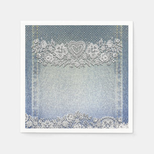 Serviette En Papier Jean Bleu et Dentelle Blanche à Cœur pour une Mari