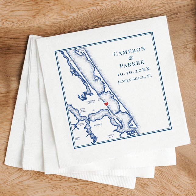 Serviette En Papier Jensen Beach Floride Carte Marine Bleu Élégant Mar (Jensen Beach FL Map wedding custom printed napkins in elegant navy blue from Coastal Map Designs)