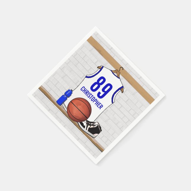 Serviette En Papier Jersey de basketball blanc et bleu personnalisé (Coin)