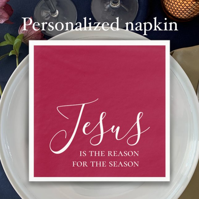 Serviette En Papier Jésus est la raison de la saison Noël rouge (Jesus is the reason for the season, modern festive red Christian Christmas dinner napkin.)