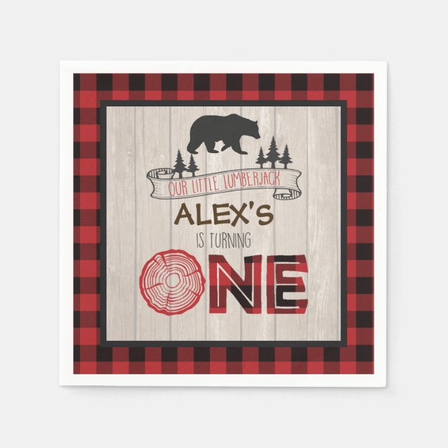 Serviette En Papier Jeu de bûcheron 1er anniversaire Napkin - Ours RED (Devant)