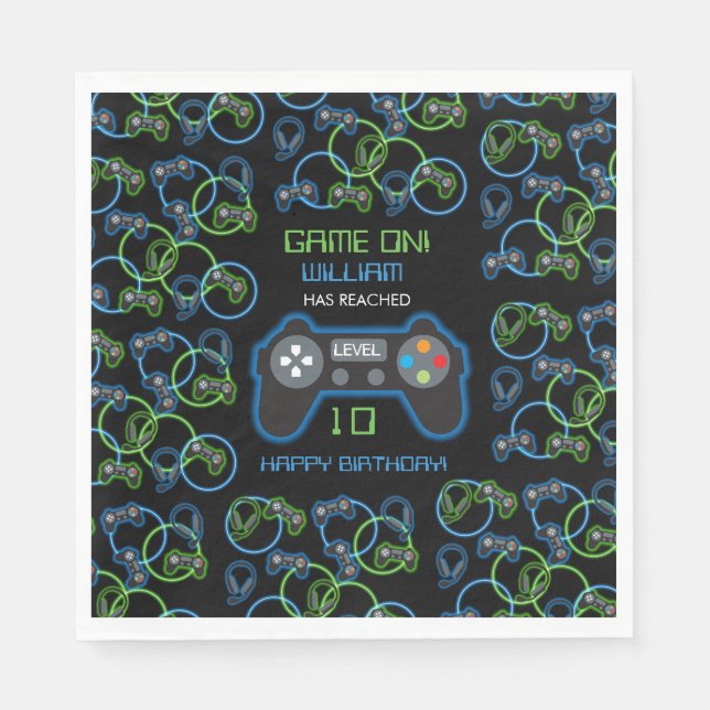 Serviette En Papier Jeu vidéo Neon Blue & Green Anniversaire Party (Devant)