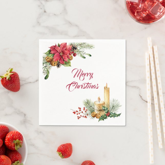 Serviette En Papier Jingle Bells, Poinsettia et bougies Noël (En situation)