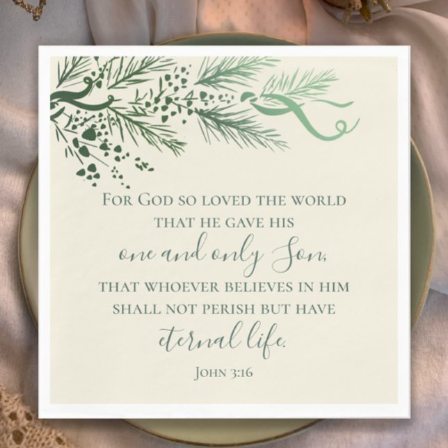 Serviette En Papier John 3:16 Personnalisé Sage moderne Vert Noël (Modern elegant hand drawn pine Christmas dinner napkin with custom John 3:16 Bible verse in Sage.

)