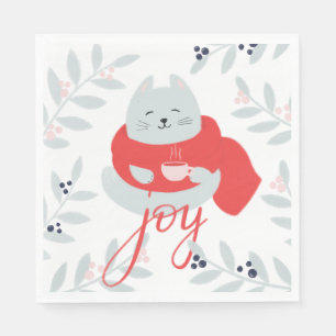 Serviette En Papier Joie. Chat de Noël mignon / animal de vacances d'h