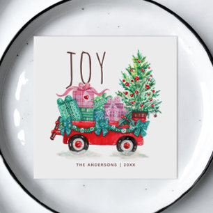 Serviette En Papier Joie. Joli sapin de Noël et boîte vacances d'hiver