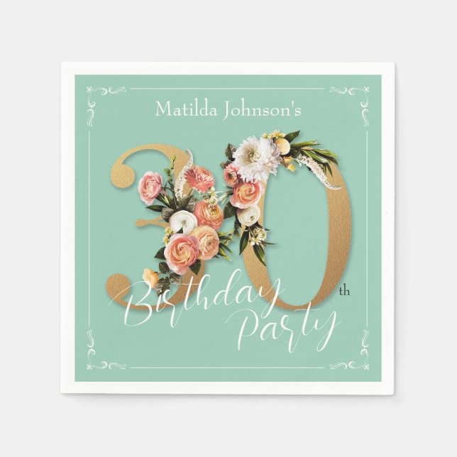 Serviette En Papier Joli 30e anniversaire Monnaie or floral glamour (Devant)