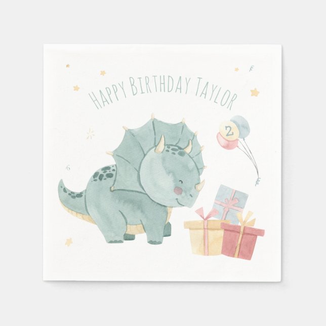Serviette En Papier Joli Anniversaire Dinosaure d'aquarelle de deux an (Devant)