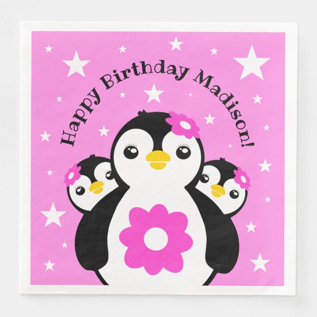 Serviette En Papier Joli Anniversaire Pingouins Fleurs Roses (Devant)