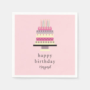 Serviette En Papier Joli Anniversaire Rose Fille Illustré À La Main