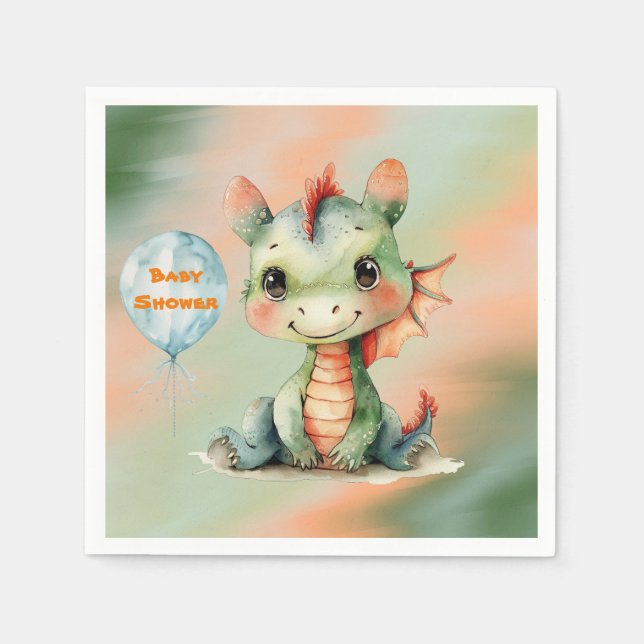 Serviette En Papier Joli Baby shower Dragon Orange Vert (Devant)