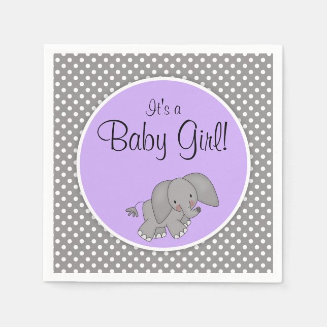 Serviette En Papier Joli Baby shower Eléphant Violet Fille (Devant)