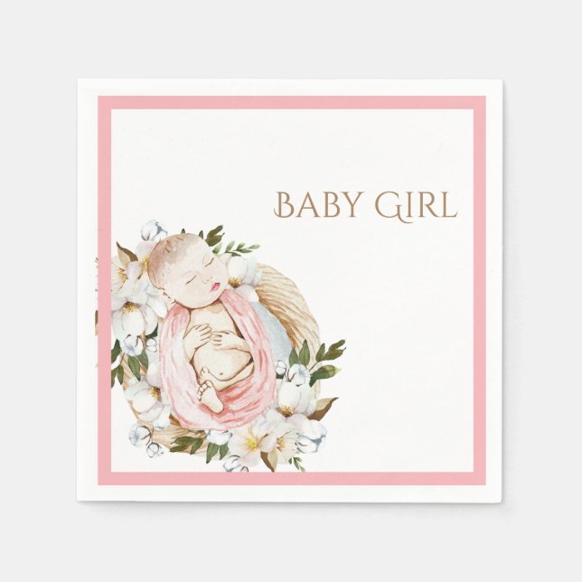 Serviette En Papier Joli Baby shower Floral Rose bébé fille (Devant)